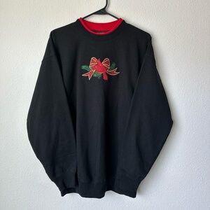 Vintage Y2K Black and Red Holiday Sweatshirt Size L Bird Plaid Bow Grannycore